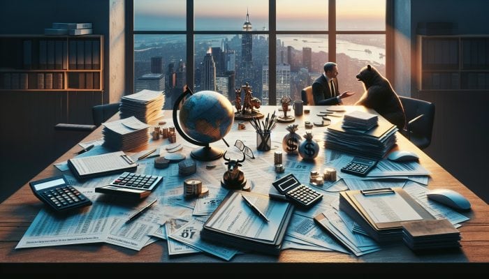 A financial advisor explaining debt consolidation and balance transfers to a client at a desk with city skyline at dusk.