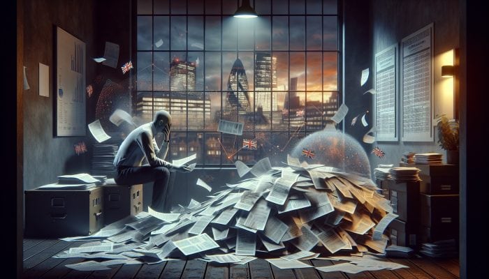 A stressed person in the UK amidst financial documents, facing debt consolidation loan pitfalls, city skyline background.