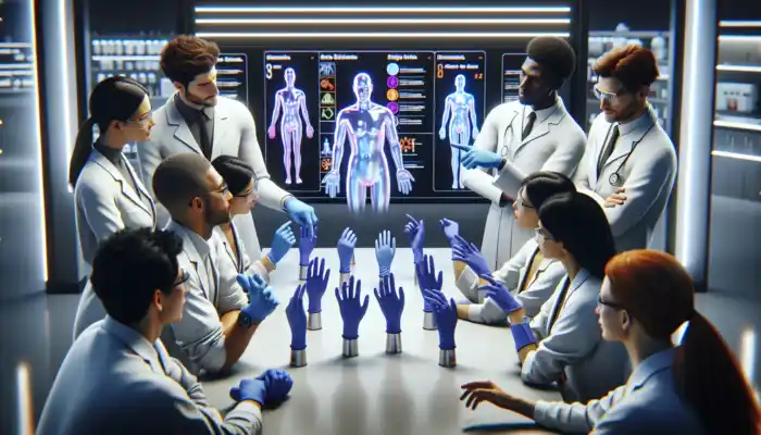 Experts in white coats discuss nitrile gloves in a modern lab; one demonstrates donning on a mannequin, others point to safety charts.