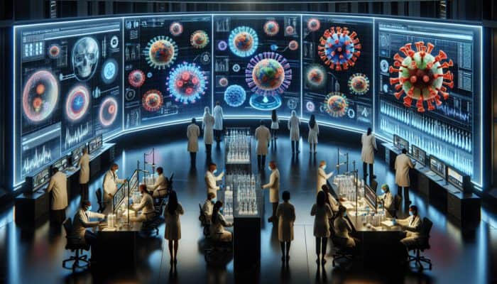 Futuristic command centre with diverse scientists analysing holographic virus models and data screens, as medical teams vaccinate communities.