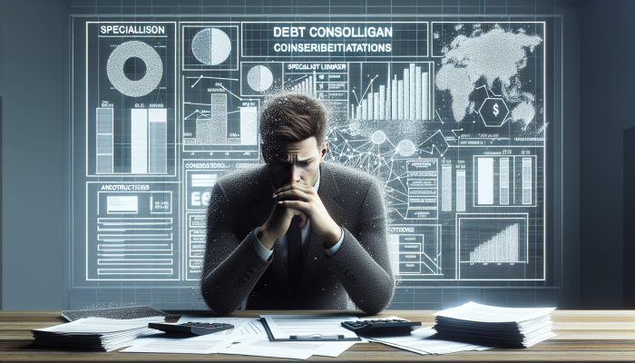 Person reviewing financial documents, considering debt consolidation options at a specialist lender's office and credit union.