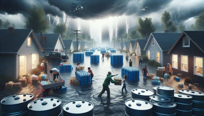 In a flooded town, families extract water from labelled storage tanks in fortified homes as volunteers distribute supplies under stormy skies.