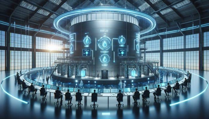Futuristic water storage tank featuring glowing blue sensors displaying real-time data, monitored by diverse engineers in a high-tech control room.