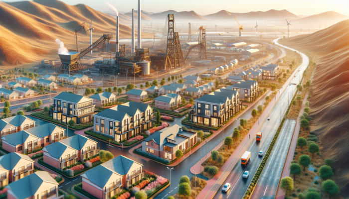 Modern homes in Postmasburg amid active mining, new roads, and public buildings, attracting eager first-time buyers under a clear sky.