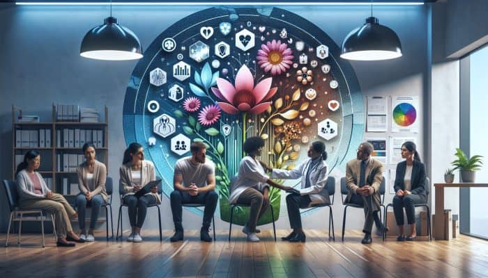 A serene UK clinic scene: diverse individuals undergoing mental health screenings with compassionate professionals; flowers and shields symbolize emotional resilience and early anxiety detection.