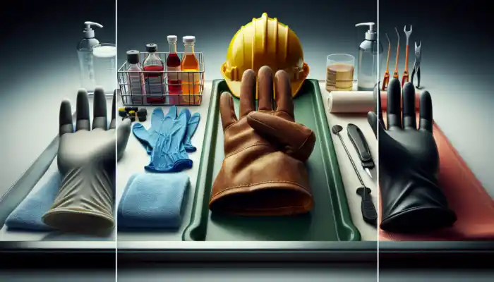 Display of UK safety gloves: sterile disposable latex on a medical tray, rugged leather gripped by a worker, and chemical-resistant nitrile in a lab.