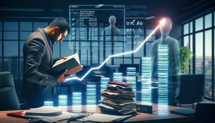 Best Lenders for Bad Credit Debt Consolidation | DCL A determined UK individual in a modern London office sorts passports, payslips, and tax returns, viewing glowing credit score graphs symbolizing financial hope.