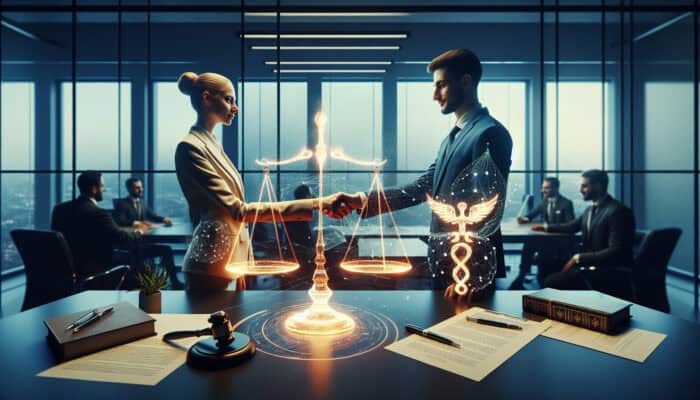 Two professionals shaking hands over a contract in a modern boardroom, with balanced scales and a glowing bridge symbolising fairness and cooperation.