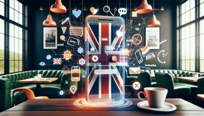 A smartphone screen in a Corsham coffee shop displaying a fast-loading mobile website with UK flags, local SEO keywords, and Google My Business profile.