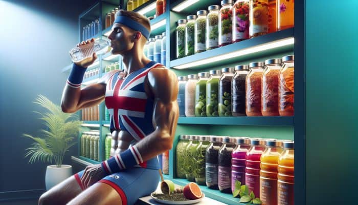 UK athlete drinking water, surrounded by herbal teas and electrolyte drinks, emphasizing the importance of hydration in performance.