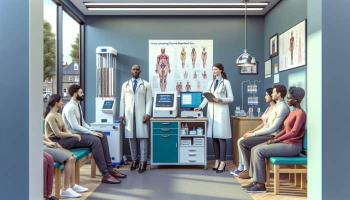 A cosy clinic in Potters Bar where friendly staff assist diverse patients with personalized thyroid tests, emphasizing convenience and modern equipment.