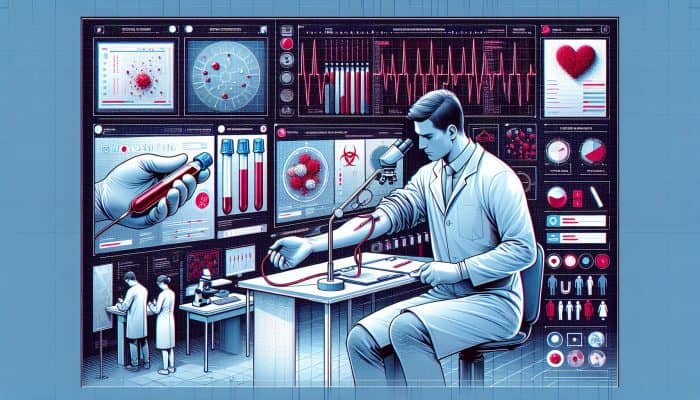 A technician in a white coat draws blood from a patient's arm, analyzes it under a microscope, and monitors screens showing blood cell counts in a high-tech lab.
