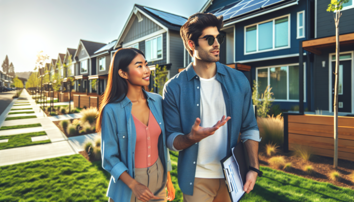 A young couple touring modern entry-level townhouses in a sunny suburban neighbourhood featuring manicured lawns, solar panels, and community parks.