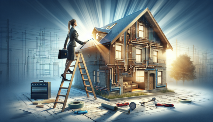 A professional surveyor in Lephalale inspecting a townhouse roof from a ladder and examining internal plumbing with tools and blueprints.