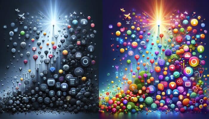 Illustration showcasing SEO's impact: a dim underperforming product page with low traffic icons versus a vibrant one with rising graphs and sales symbols.