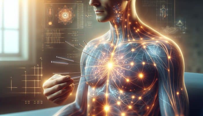 Relaxed patient receiving acupuncture for chest pain, with needles in chest and glowing energy meridians in serene clinic.