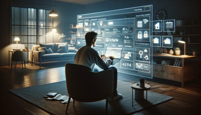 Individual reviewing online booking details on a laptop in a comfortable home office, accompanied by secure payment icons and a calendar.