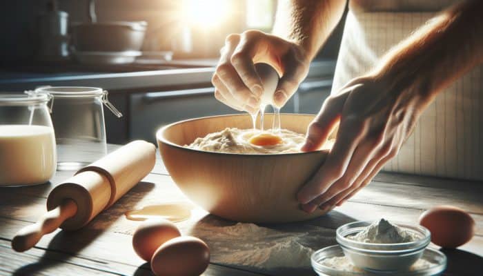 Close-up of hands folding eggs and milk into whisked gluten-free flour batter in a sunlit kitchen on a wooden counter.