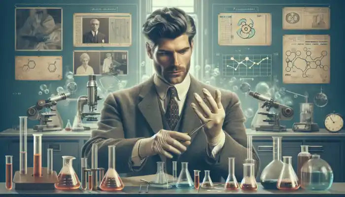 British inventor in a 1960s UK laboratory holding first disposable latex gloves, surrounded by beakers, instruments, and charts symbolizing healthcare innovation.