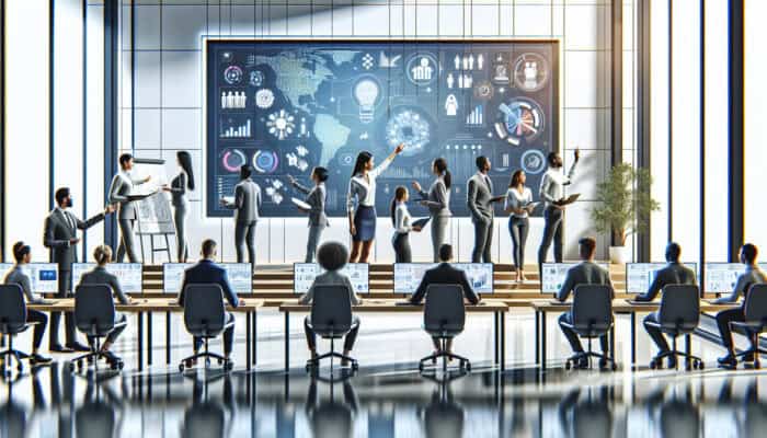 Diverse virtual assistants in a modern office practising CRM systems on large screens, surrounded by digital resources, charts, and mentors.