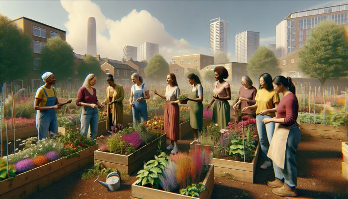 A vibrant community garden in urban England, with diverse women tending colorful flower beds and vegetable plots under a sunny sky.