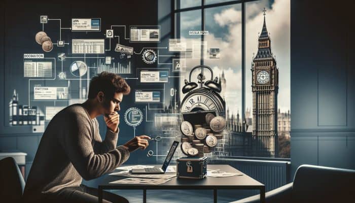 Debt Consolidation Loan Regrets and Lessons: What to Know | DCL A determined person in a modern UK office reviews loan applications on a laptop, surrounded by financial documents, with Big Ben in the window.