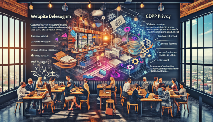 In a charming Cinderford café, business owners and patrons evaluate website redesign sketches on laptops, surrounded by feedback surveys, graphs, and GDPR icons.