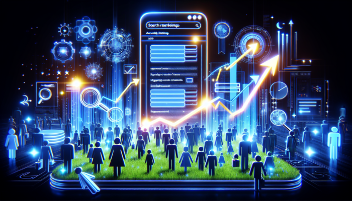 Vibrant website revamp for a UK small business, featuring highlighted keywords, upward search arrows, and digital users exploring local products.