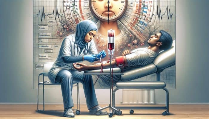 A focused doctor in a UK hospital draws blood from a patient with swelling, as a ticking clock and medical charts emphasize urgency.