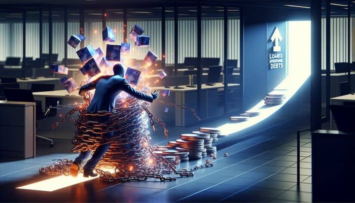 How I Paid Off Debt With a Consolidation Loan | DCL A determined person in a modern UK office escapes tangled debt chains, merging into a glowing loan path with lower rates and 2-5 year timeline, symbolizing financial empowerment.