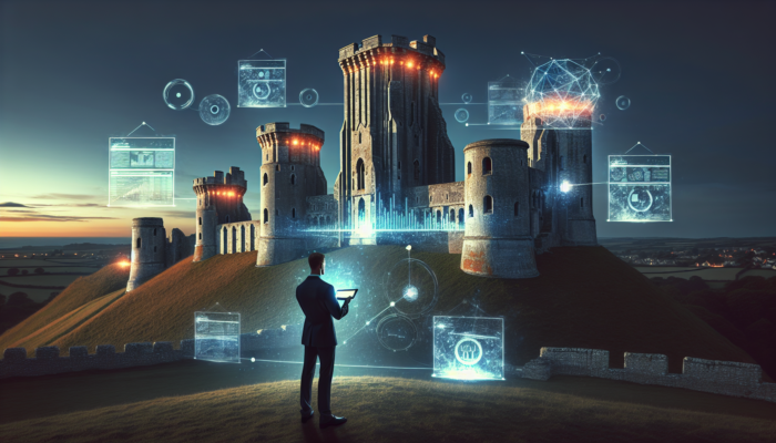 Corfe Castle at twilight with glowing SEO graphs, floating keywords, and a strategist on ramparts analyzing data on a tablet.