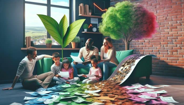 A relieved UK family in a cozy modern home sorts chaotic bills into a single loan document, with graphs showing declining interest rates and growing savings.