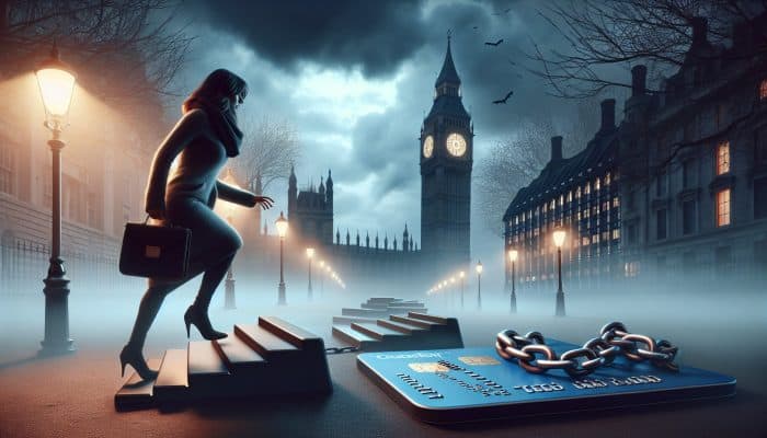 Debt Consolidation Loans vs Paying Debts Separately | DCL A cautious borrower navigates a foggy London street at dusk, avoiding hidden traps and credit card chains, with Big Ben looming.