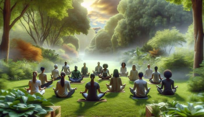 A diverse group practices mindfulness meditation and yoga in a serene garden, symbolising strategies for managing chronic pain and mental health.