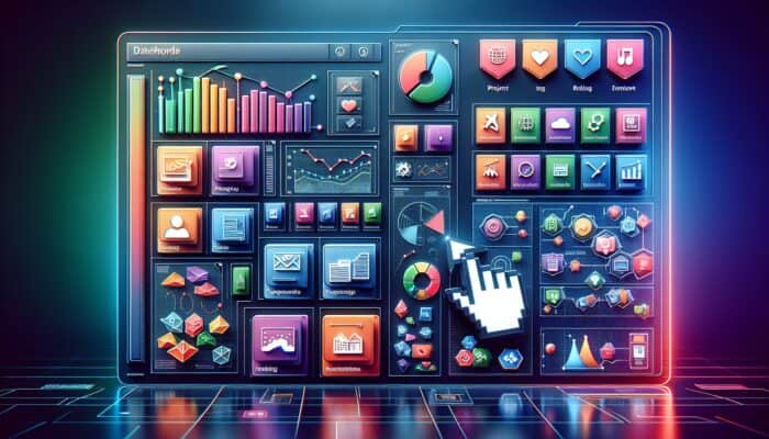 A sleek Canva dashboard displays a grid of vibrant project thumbnails in labeled folders like "Marketing Campaigns," with a cursor hovering over one for easy navigation.