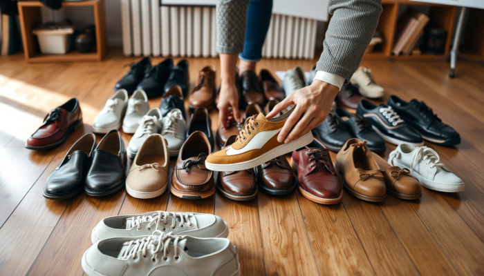 A diverse selection of stylish shoes in various colors and designs, with hands examining a shoe on a wooden floor in a bright room.
