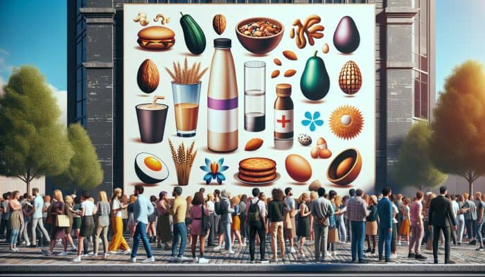Vibrant illustration of a UK Food Allergy Awareness Week event: diverse people viewing posters of nuts, dairy, eggs, shellfish, and selecting safe substitutes.