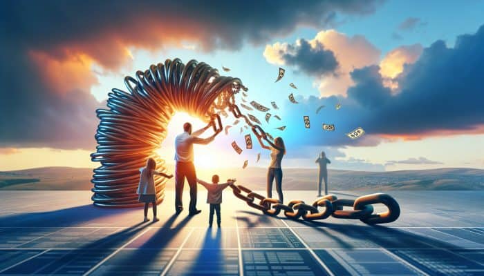 Debt Consolidation for Child Support Debt: A Guide to Relief | DCL A stressed parent merges scattered debt chains into a glowing rope, with family embracing under a hopeful sunrise, symbolizing financial relief and unity.