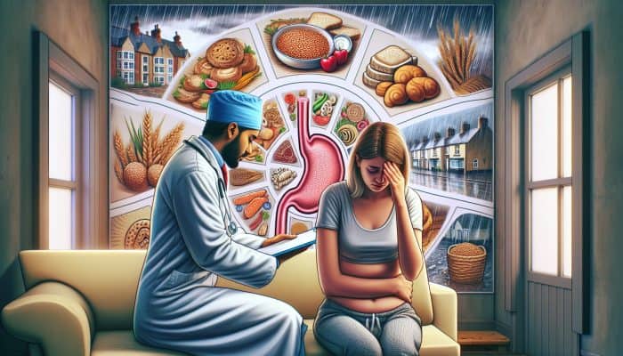 Gluten Intolerance Test in Willenhall: A weary resident in a clinic clutches a bloated stomach and rubs tired eyes while consulting a compassionate GP in an environment filled with gluten-free posters and rainy streets.