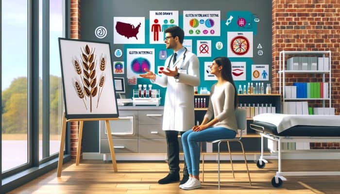 In a modern Willenhall clinic, a doctor elaborates on gluten intolerance testing to a patient amidst medical tools and wheat symbols.