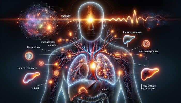 What Does a Cortisol Test Show: Adrenal glands releasing cortisol into the bloodstream, influencing metabolism, immune responses, and blood pressure in a glowing neural web.