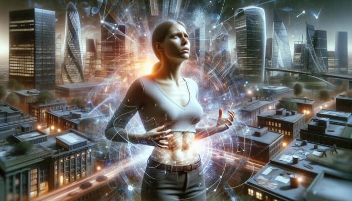 A stressed UK woman in London's skyscrapers, with glowing particles representing cortisol, showcasing midsection weight gain.