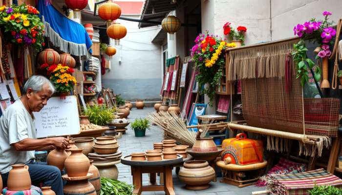 Artisans at work in a vibrant Mexican street scene, featuring a potter shaping clay and a weaver creating textiles, surrounded by colorful decorations and local flora, highlighting cultural engagement and heritage.
