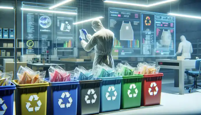 A lab worker examines labels on plastic aprons, sorting them into colour-coded recycling bins, with infographics on eco-friendly disposal methods.