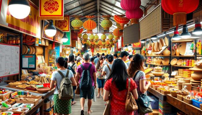 A diverse group of tourists interacting with local artisans in a vibrant market filled with traditional crafts, cultural performances, and authentic cuisine under colourful heritage decorations.