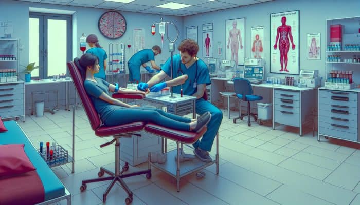 Illustration of a nurse in blue scrubs drawing blood from a patient's arm in a modern UK NHS clinic, surrounded by lab equipment and health posters.