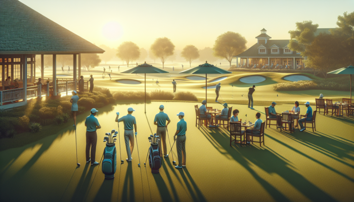 Wingate Park Country Club: golfers teeing off at dawn on lush greens, members dining under umbrellas, schedule board under clear sky.