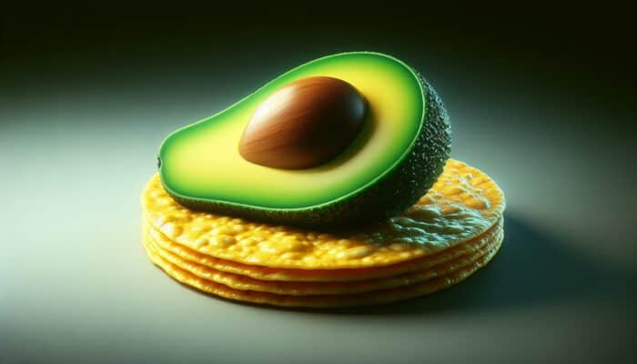A close-up of a vibrant green avocado on a golden corn tortilla, showing bold color contrasts and smooth textures.