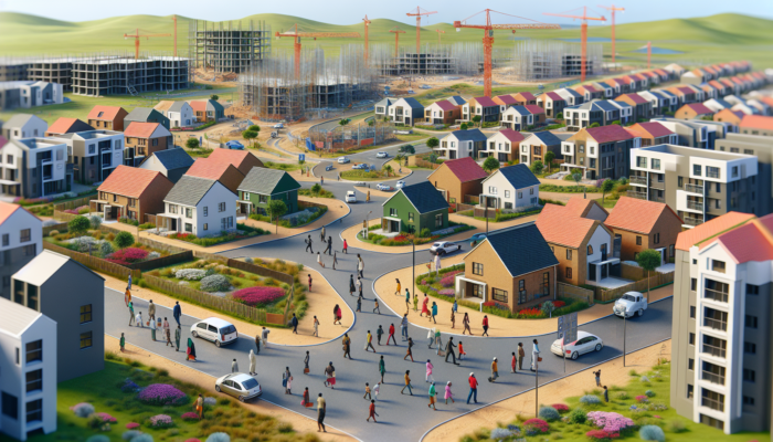 Vibrant Bloemfontein neighbourhood featuring entry-level homes, families exploring properties, construction activities, new roads, and parks.