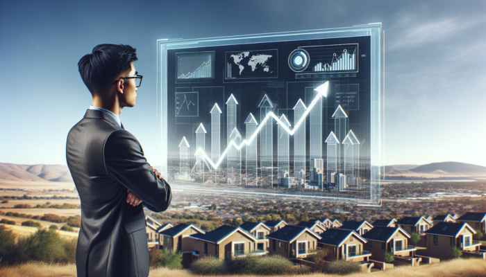 A real estate analyst presenting upward graphs of property trends for entry-level homes in Bloemfontein, with a South African suburban backdrop.